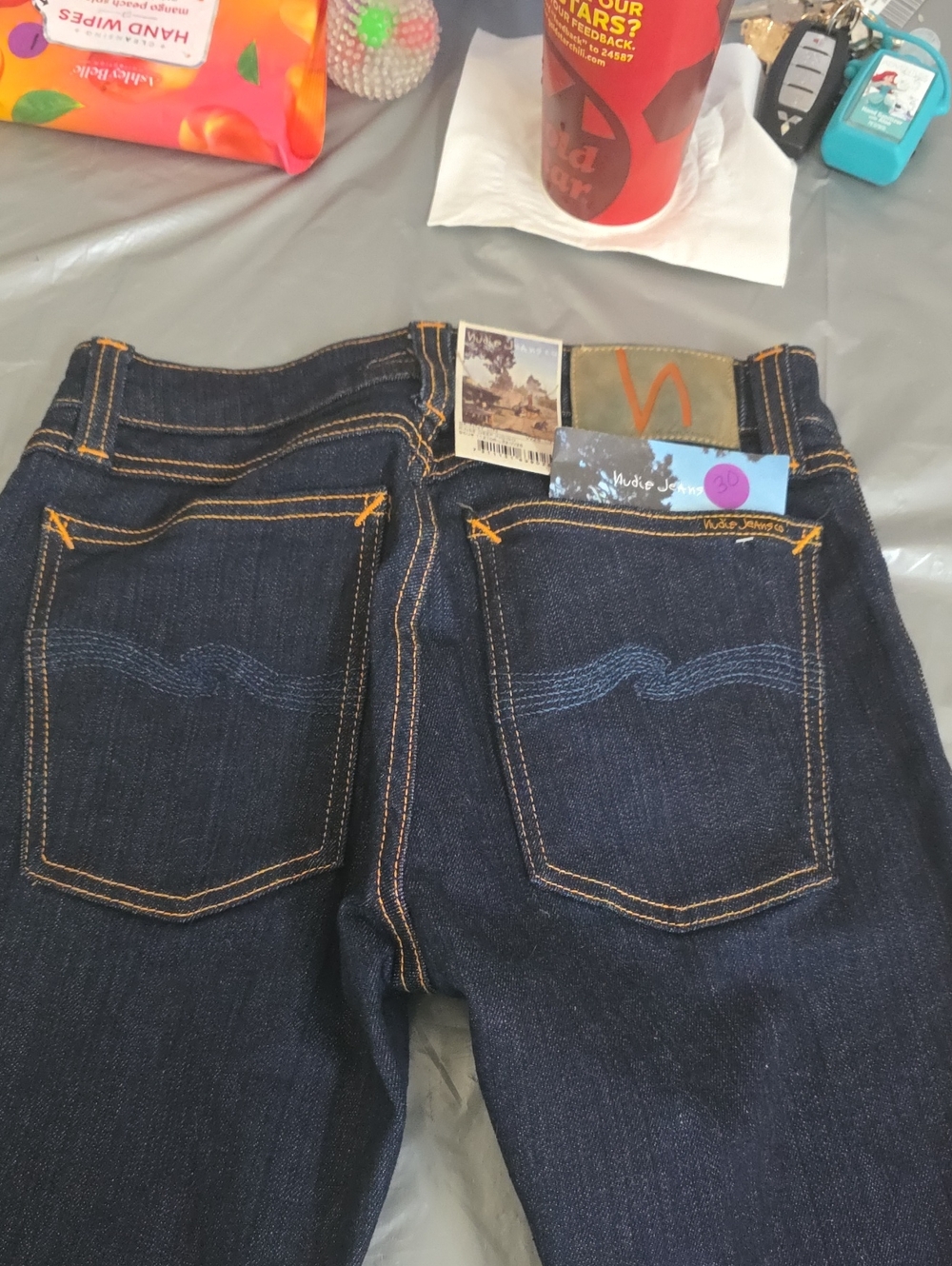 Nudie Jeans Dark Indigo Denim Jeans with Orange Stitching